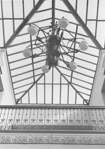 Skylight and chandelier - black and white photo